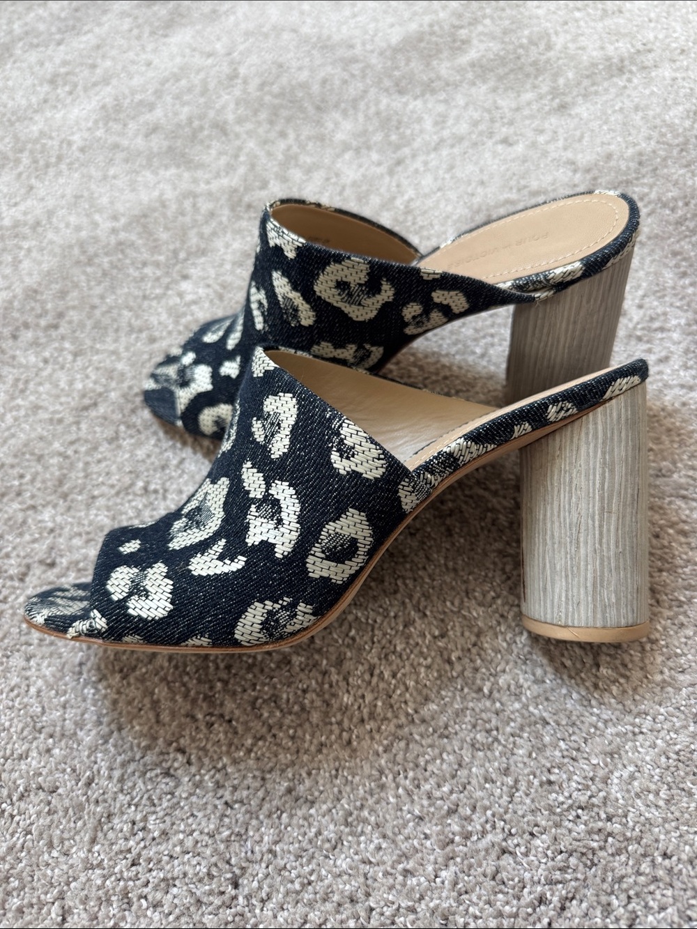 Denim Leopard mules heeled sandals embroidered pristine 7.5